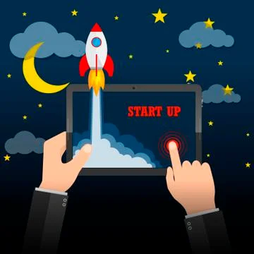 The spacecraft crashes outside tablet screen. Vector illustration. Concept .. Stock Illustration