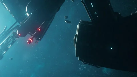 Spacecraft in a distant galaxy with bright lights and dark background Stock Footage 344957369