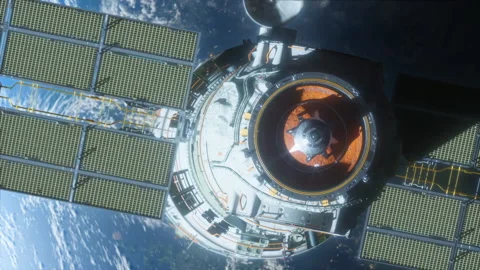 The spacecraft is docking in space in the orbit of the planet Stock Footage 257752928