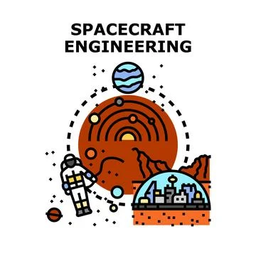Spacecraft engineering concept with astronaut and celestial bodies Stock Illustration