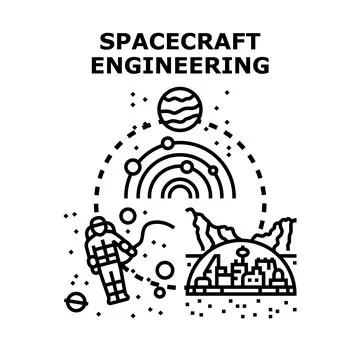 Spacecraft engineering concept with astronaut and celestial bodies Stock Illustration