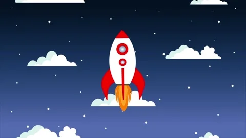 Spacecraft with fire flames flying on dark galaxy background Stock Footage 162049648