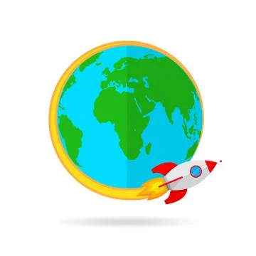 The spacecraft flies around the Globe Earth. Vector Illustration. Stock Illustration