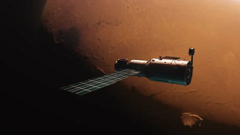 Spacecraft flies in orbit planet Mars Video stock 242783721