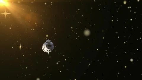 Spacecraft flying through deep space with distant stars and bright lens flare Stock Footage 346210758