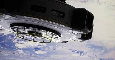 Spacecraft hovering above Earth showcasing clouds and atmosphere Stock Illustration