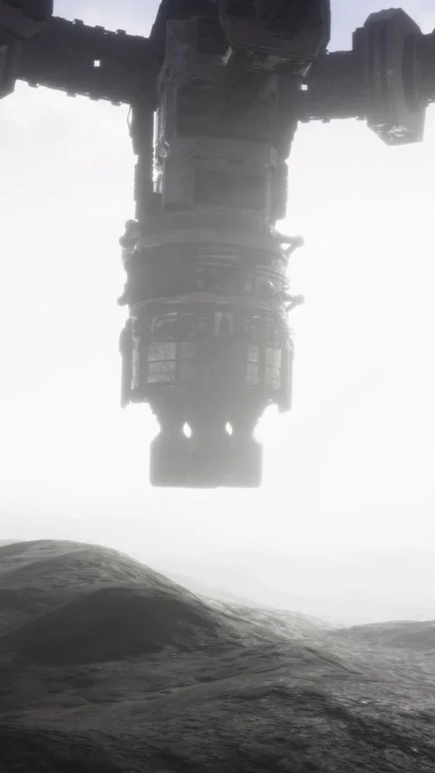 Spacecraft hovers above the surface of an alien planet during exploration Stock Footage 333566609