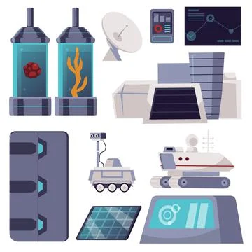 Spacecraft interior futuristic elements, flat vector illustration isolated on Stock Illustration