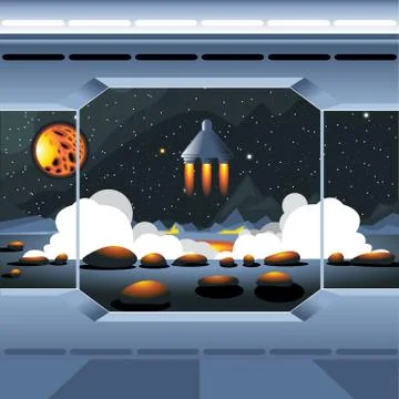 Spacecraft interior view and window to space and sun. Spaceship launch. Illustrazione stock