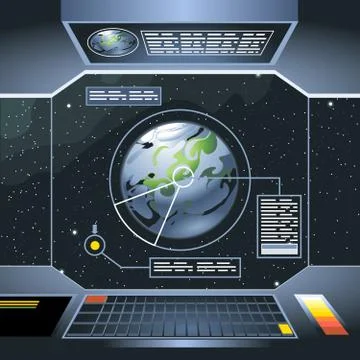 Spacecraft interior view and window to space and planet. Board with computers. Illustrazione stock