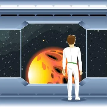 Spacecraft interior view and window to space and sun. Illustrazione stock