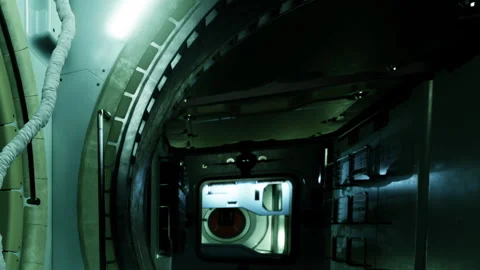 Spacecraft interior view showing equipment and lighting in a dark area Stock Footage 344313504