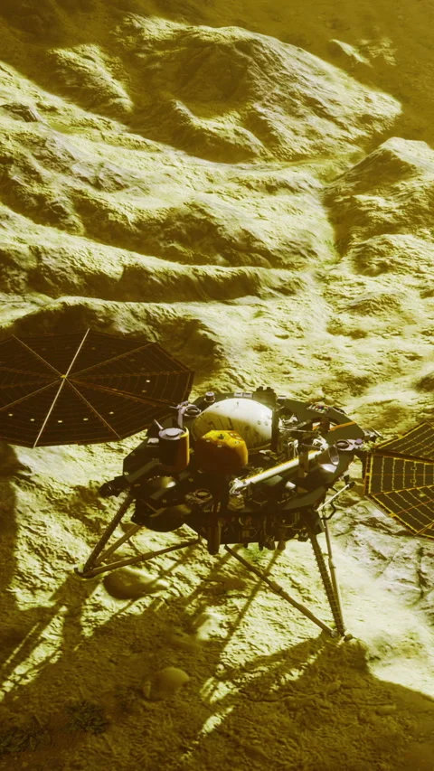 Spacecraft lands on the surface of an alien planet and explores its features Stock Footage 335946373
