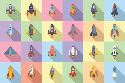 Spacecraft launch icons set flat vector. Rocket ship Stockillustratie