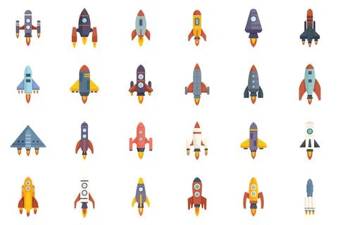 Spacecraft launch icons set flat vector. Rocket ship Stock Illustration