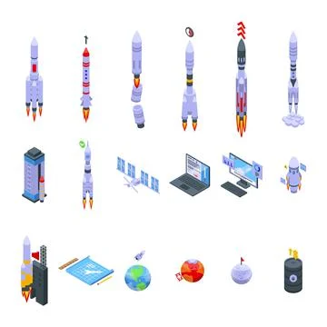 Spacecraft launch icons set isometric vector. Rocket ship Stock Illustration