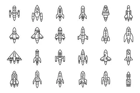 Spacecraft launch icons set outline vector. Rocket ship Stock Illustration