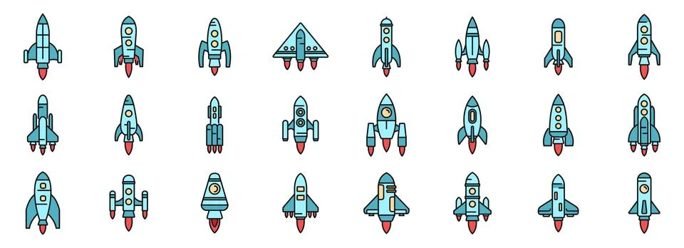 Spacecraft launch icons set vector color line Stock Illustration
