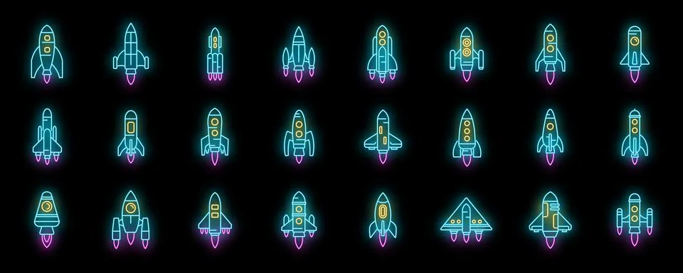 Spacecraft launch icons set vector neon Stock Illustration