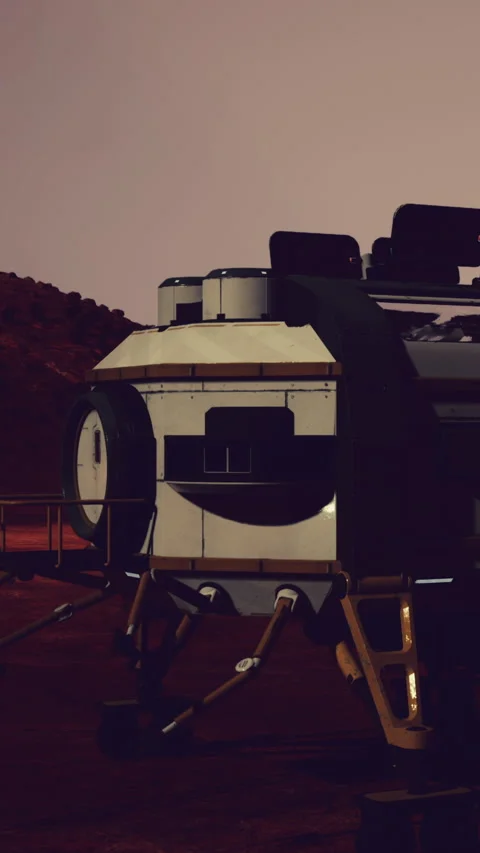 Spacecraft on Mars at sunset with shadows and hills in the background Stock Footage 338389402