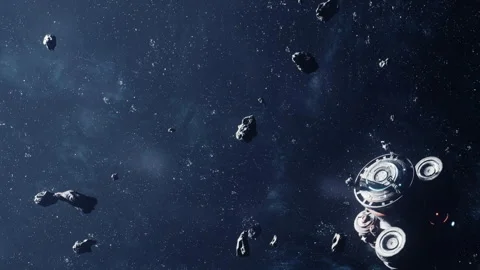 Spacecraft navigating an asteroid belt in outer space Stock Footage 343926541