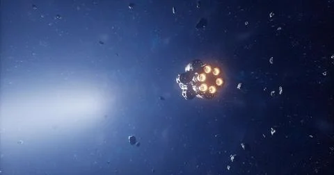 Spacecraft navigating through an asteroid belt in a distant galaxy Stock Illustration