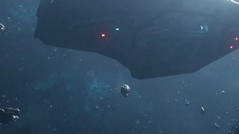 Spacecraft navigating through an asteroid field in outer space Stock Footage 344063429