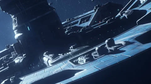 Spacecraft in orbit around a distant planet with asteroids in view Stock Footage 344314167