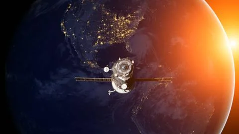 Spacecraft Progress orbiting the earth. 库存照片
