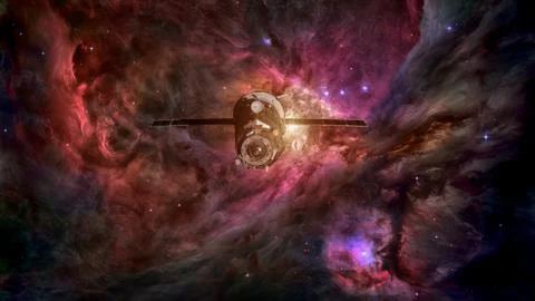 Spacecraft Progress orbiting the nebula. Stockfoto's