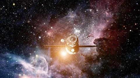 Spacecraft Progress orbiting the space. Stockfoto's