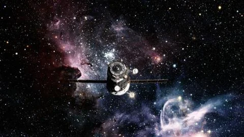 Spacecraft Progress orbiting the space. Stockfoto's