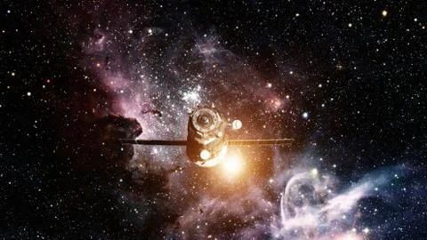 Spacecraft Progress orbiting the space. 库存照片