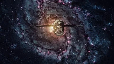 Spacecraft Progress orbiting the spiral galaxy. Stockfoto's