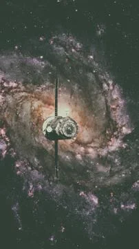 Spacecraft Progress orbiting the spiral galaxy. Stock Photos