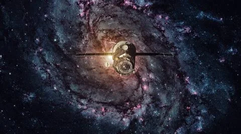 Spacecraft Progress orbiting the spiral galaxy. Spacecraft Progress orbiti... 库存照片
