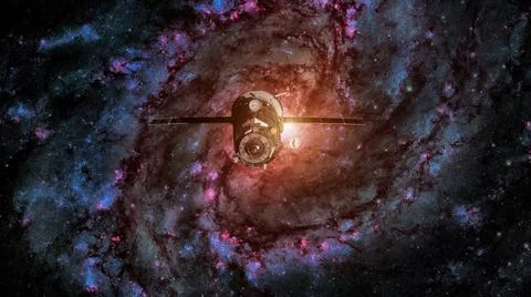 Spacecraft Progress orbiting the spiral galaxy. Spacecraft Progress orbiti... 写真素材