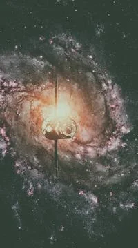 Spacecraft Progress orbiting the spiral galaxy. Spacecraft Progress orbiti... Stockfoto's