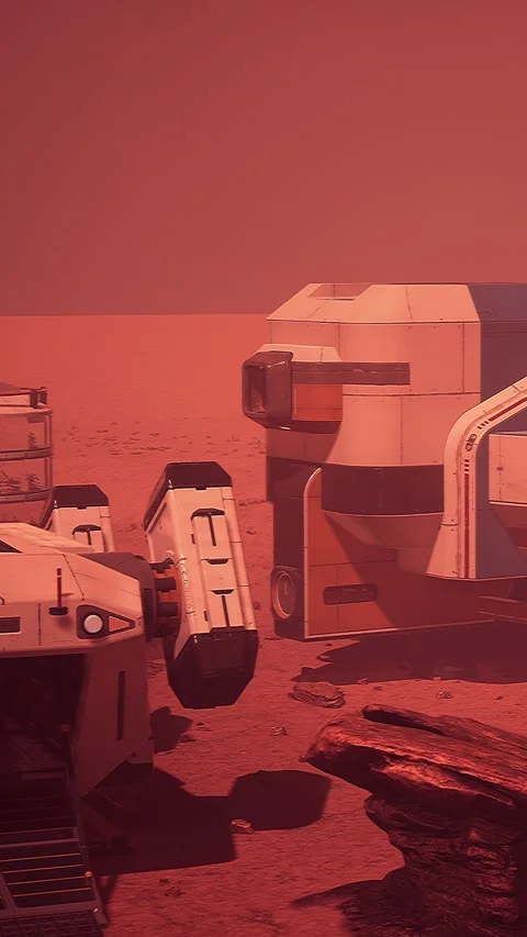Spacecraft on a rocky surface under a red sky during sunset on Mars Stock Footage 337950321