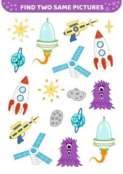 Spacecraft, space ship, monster, alien. Find two same pictures. Game for Stock Illustration