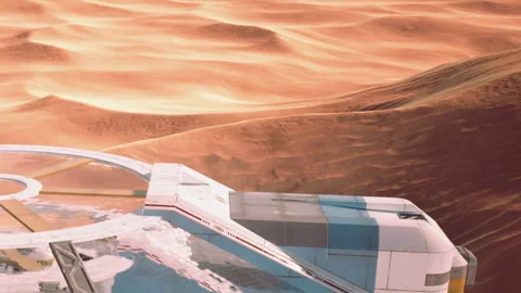 Spacecraft on the surface of a desert planet with sandy dunes in the background Stock Footage 344061651