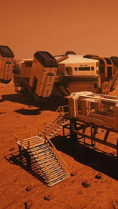 Spacecraft on the surface of Mars with a science station nearby in 2100 Stock Footage 337957480
