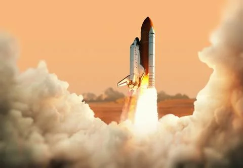 Spacecraft takes off into space. Rocket on the planet Mars Stock Illustration