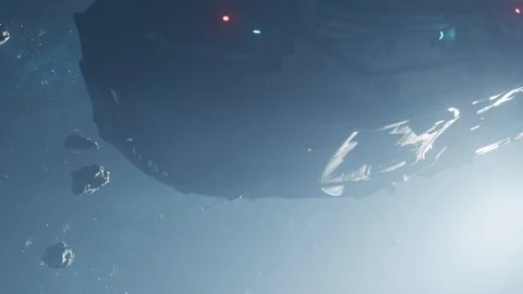 Spacecraft traveling through asteroid field in distant galaxy Stock Footage 344950398