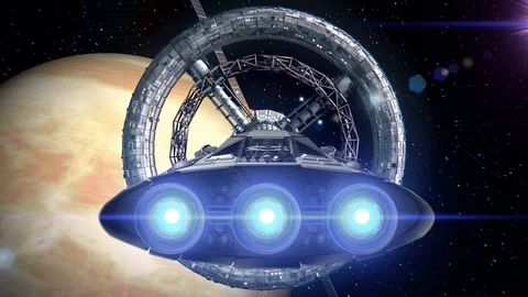 Spacecrafts on background of Venus Stockbeeldmateriaal 85050131