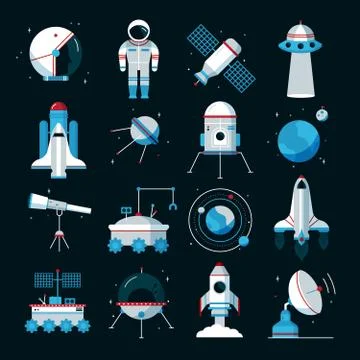 Spacecrafts Instruments Equipment Flat Icons Set 库存插图