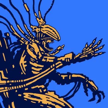 Spaceman alien sits in suit on his iron throne. Vector illustration. Illustrazione stock