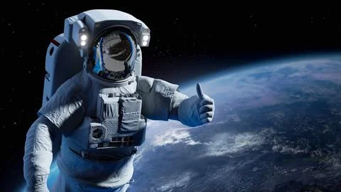 Spaceman Astronaut floating in outer space. science or space travel Thumbs up 스톡 일러스트