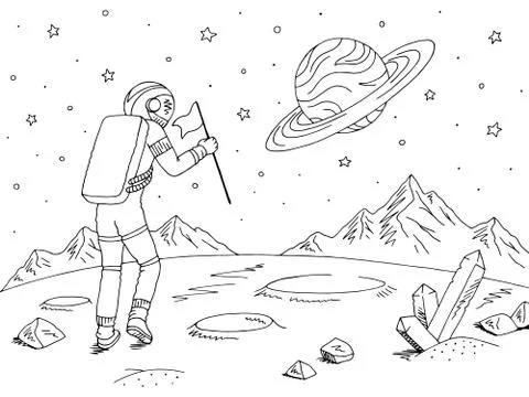 Spaceman astronaut walking with flag. Alien planet graphic black white space lan Stock Illustration