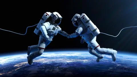 Spaceman Astronauts floating in outer space shaking hands 스톡 일러스트